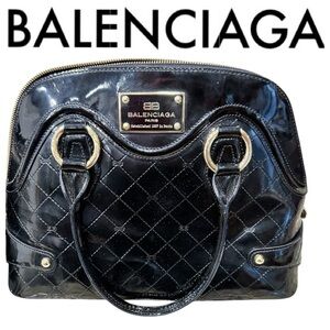 Balenciaga Black Vintage Quilted Patent Leather Dome Satchel Bag $1350 Luxury